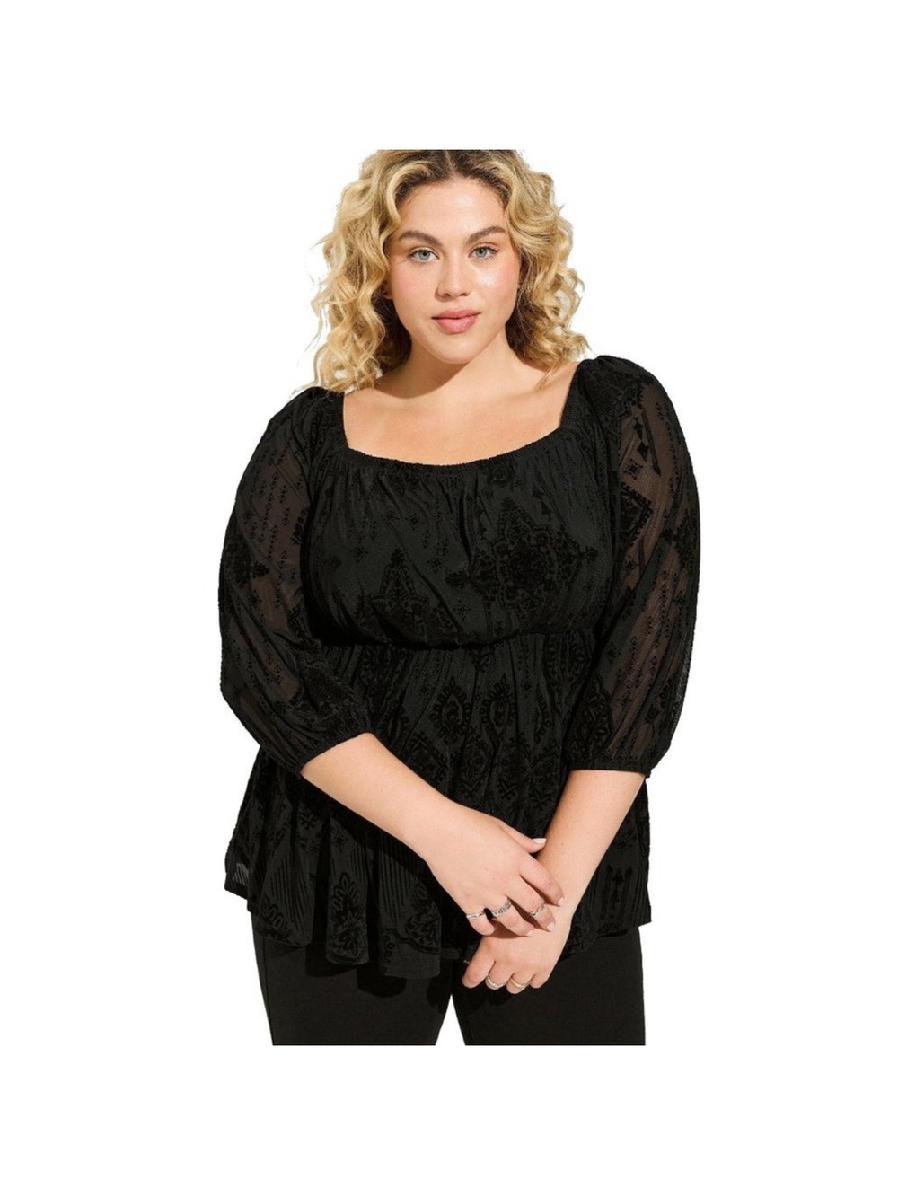 torrid Black Flocked Square-Neck Peasant Blouse